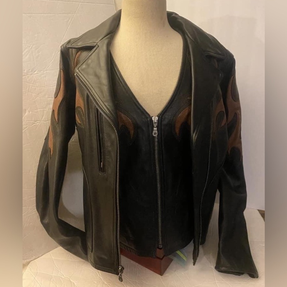 Harley Davidson TWO PIECE Matching Jacket And Vest Flame Embossed